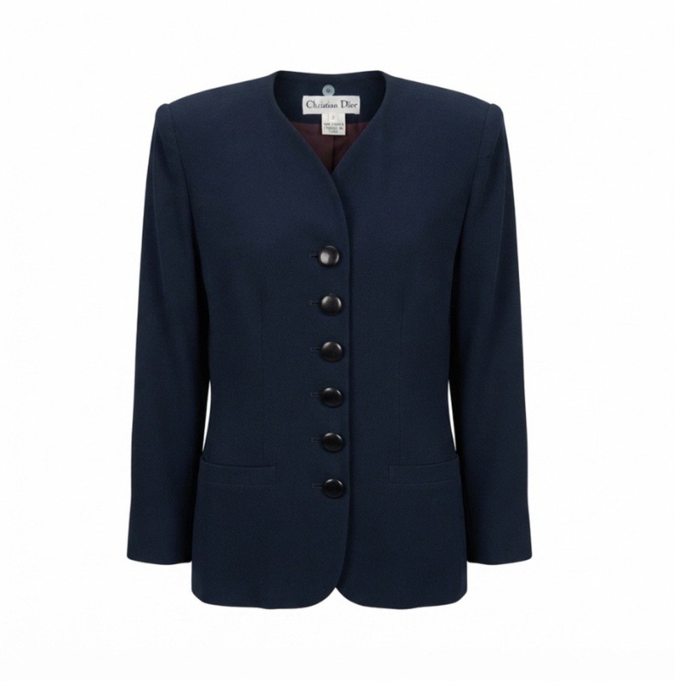 Vintage Christian Dior Collarless Crepe Blazer Jacket Navy Blue 90s Size 2